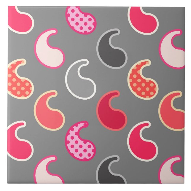 Modern Paisley mönster, Coral, Rosa på Grått/Grått Kakelplatta (Framsidan)