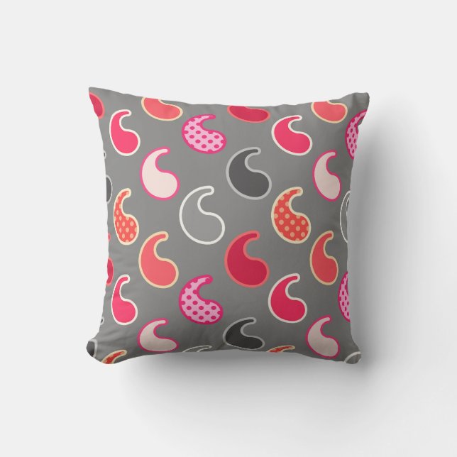 Modern Paisley mönster, Coral, Rosa på Grått/Grått Kudde (Framsida)