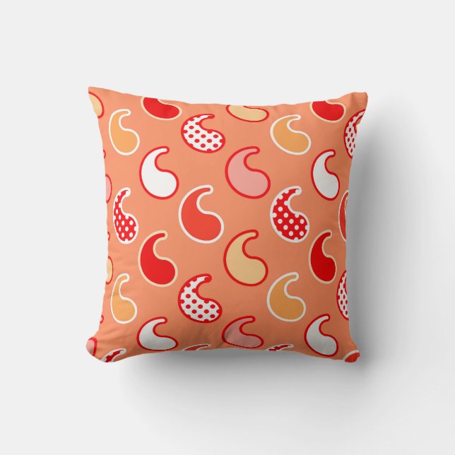 Modern Paisley-mönster, korallorange och vit Kudde (Framsida)