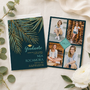 Modern Palm Frond Guld och Teal Examen Meddelande