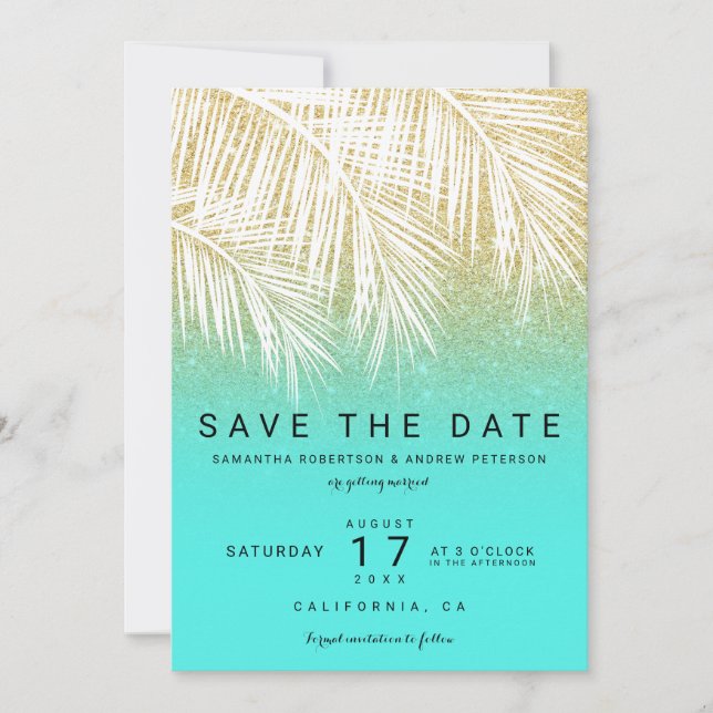 Modern palmtree guld akva inbjudan (Framsida)