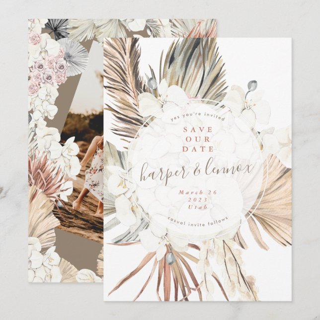 Modern Pampas Boho Beach Sommarbåge - spara datum Datumet (Fram/baksida)