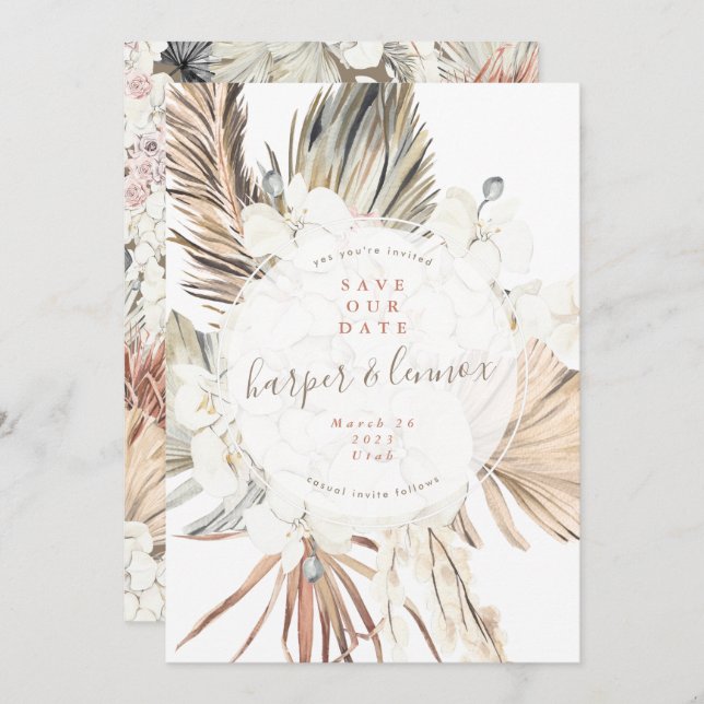 Modern Pampas Boho Beach Sommarbåge - spara datum Spara Datumet (Fram/baksida)