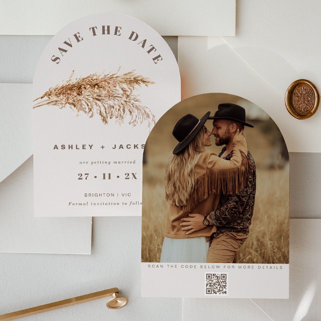 Modern Pampas Grass Bröllop spara datum-kort Inbjudningar (Boho Beige Pampas Grass Save The Date Card Wedding Couples Photo, QR code, Modern Arch Save The Date)