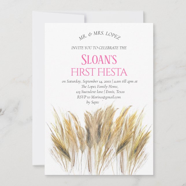 Modern Pampas Grass First Fiesta Rosa Birthday Inbjudningar (Framsida)