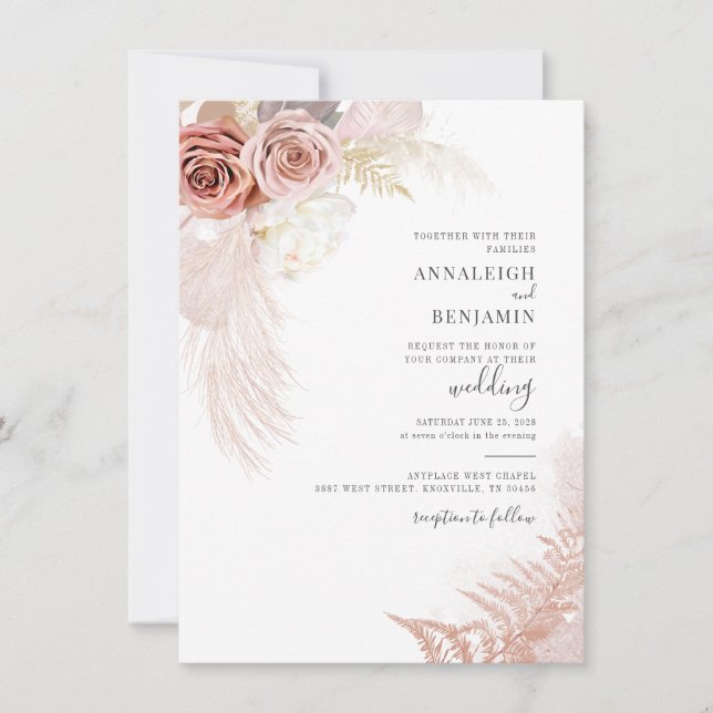 Modern Pampas Grass Script Torkade Handflatan Bröl Inbjudningar (Framsida)