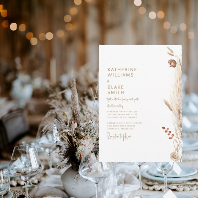 Modern pampas tillsammans med Guld Text Bröllop Inbjudningar (Skapare uppladdad)