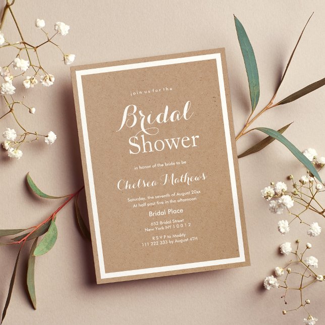 Modern, papper, brun, vit Möhippa Inbjudningar (Modern simple brown paper white Bridal Shower)