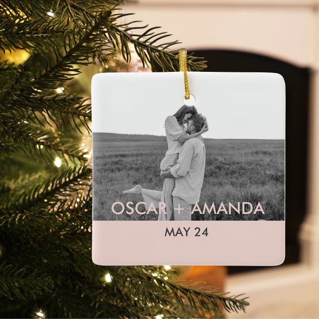 Modern par Photo Rosa & Grått Perosnalized Namn Julgransprydnad Keramik (Skapare uppladdad)