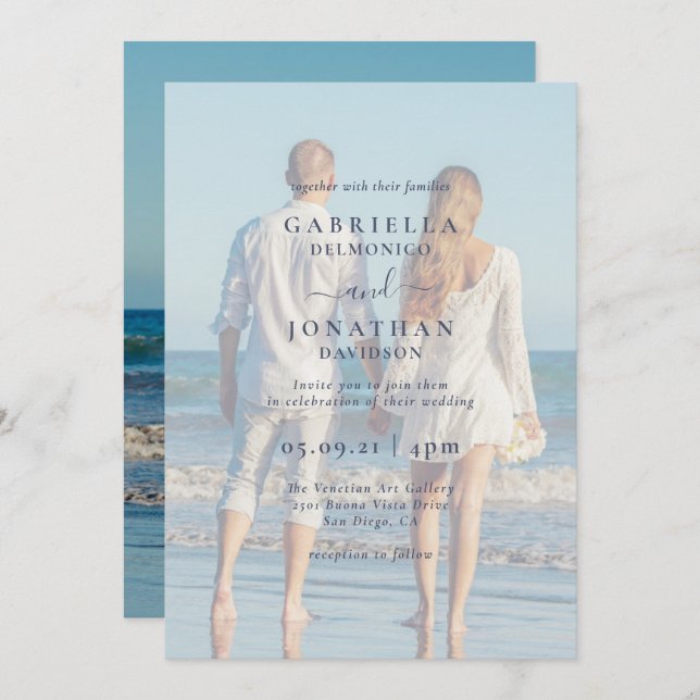 Modern par Photo White Overlay Bröllop Inbjudningar (Fram/baksida)