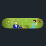 Modern par Skateboard i mitten<br><div class="desc">Mid Century Modern Couple Skateboard ser ut som en scen ut ur en romantisk komedi. 1960-talets minimalistiska konst i stil har en attraktiv tecknad par som njuter av en romantisk kväll hemma. Det sofistikerade rummet har en grönt stenvägg med en brinnande eld i eldstaden. Inredningen i rummet omfattar en orange,...</div>