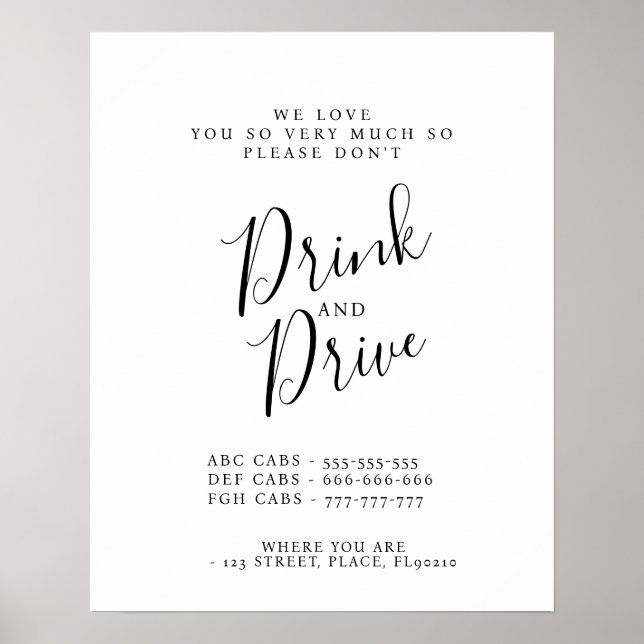 Modern party Taxi dricker inte och kör inte skylt (Framsidan)