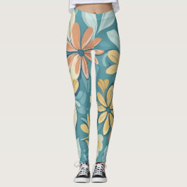 Modern Pastel abstrakt blommor blå gult beige Leggings