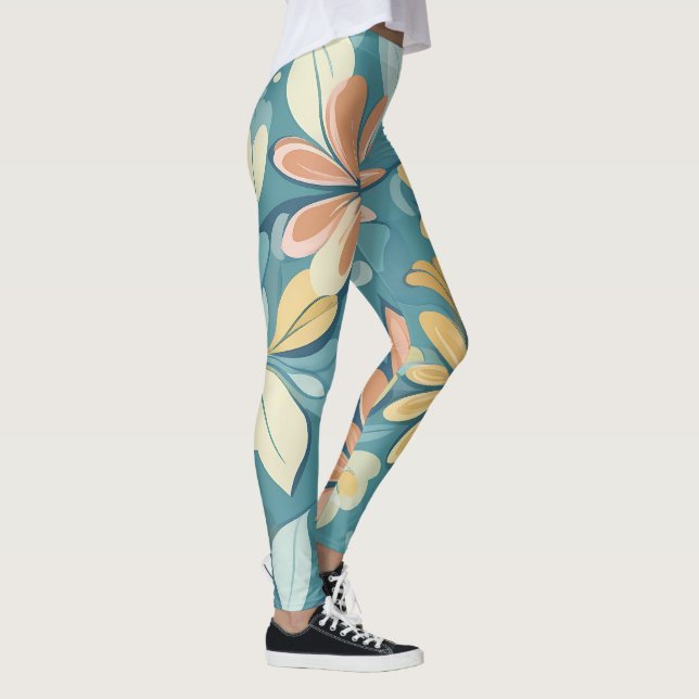 Modern Pastel abstrakt blommor blå gult beige Leggings (Höger)