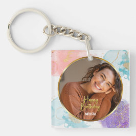 Modern Pastel and Gold Glitter Photo Name Birthday