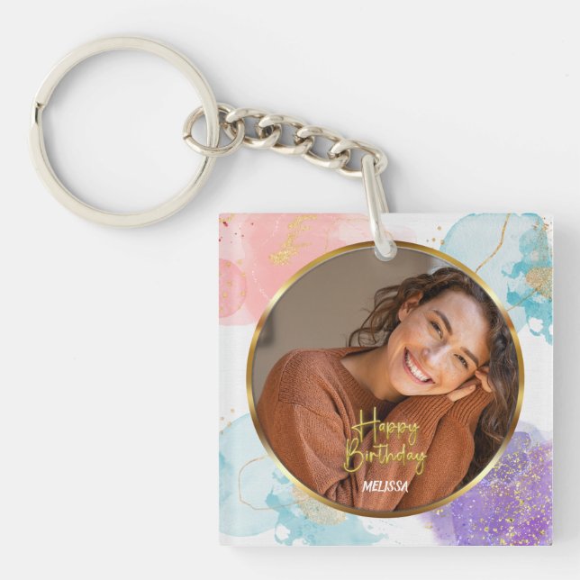 Modern Pastel and Gold Glitter Photo Name Birthday (Framsidan)