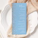 Modern Pastel Baby blue Silver Glitter Bröllop Meny<br><div class="desc">Den moderna bröllop-menyn på den lämnat kant i eleganten har en silver faux glitter-design. Med anpassadet text kombineras vit handskrift,  tryckplåt och kursivt typsnitt på en pastellbakgrund baby blue. Den omvända sidan har en passande baby blue utformning och silver glitter.</div>