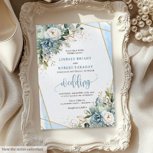 Modern Pastel Blue Guld Peonies bröllopsinbjudan Inbjudningar