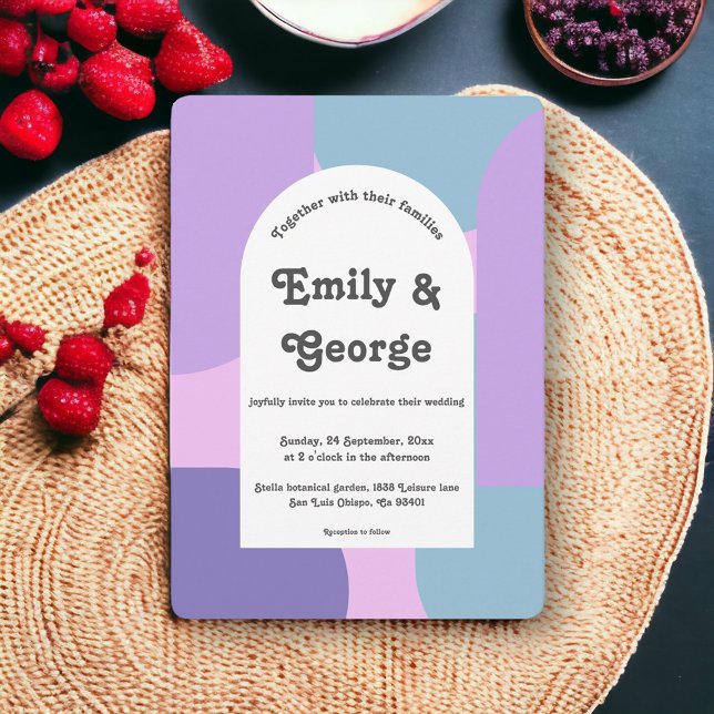 Modern Pastel Blue Lila Retro Abstrakt Bröllop Inbjudningar (Skapare uppladdad)