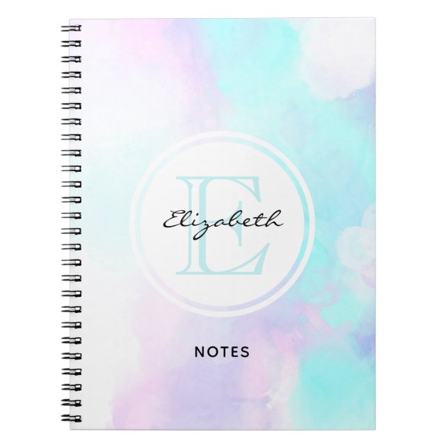 Modern Pastel Blue & Lila Watercolor Monogram Anteckningsbok (Framsidan)