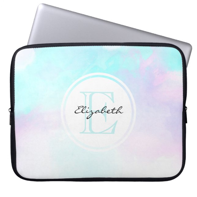 Modern Pastel Blue & Lila Watercolor Monogram Laptop Fodral (Framsidan)
