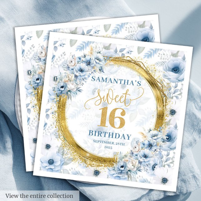 Modern Pastel Blue Sweet 16 Guld Glitter Party Pappersservett (Modern Pastel Blue Sweet 16 Gold Glitter Party Napkins)
