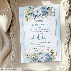 Modern Pastel Blue White Guld Flowers Bröllop Inbjudningar