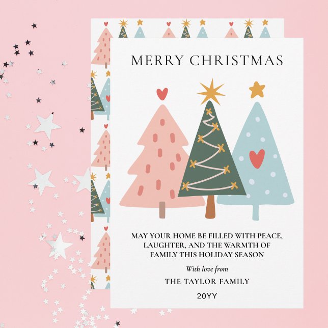 Modern Pastel Boho Christmas Trees Julkort (Modern Boho Christmas Trees Holiday Card)