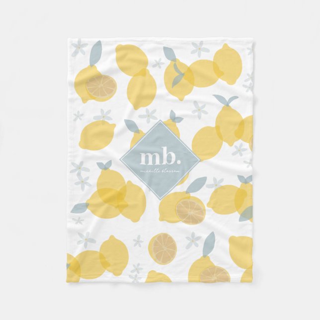 Modern Pastel Citrus Lemons Mönster Monogram Fleecefilt (Framsidan)