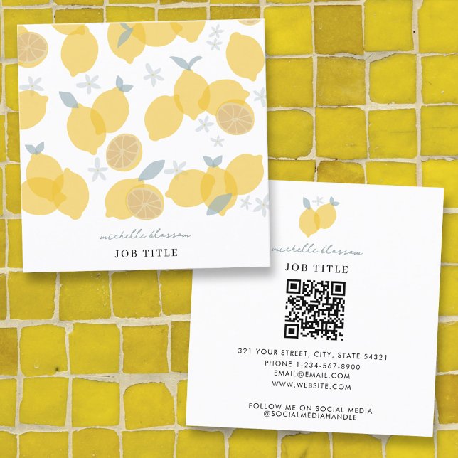 Modern Pastel Citrus Lemons QR-kod Fyrkantigt Visitkort (Modern Pastel Citrus Lemons QR Code Square Business Card)