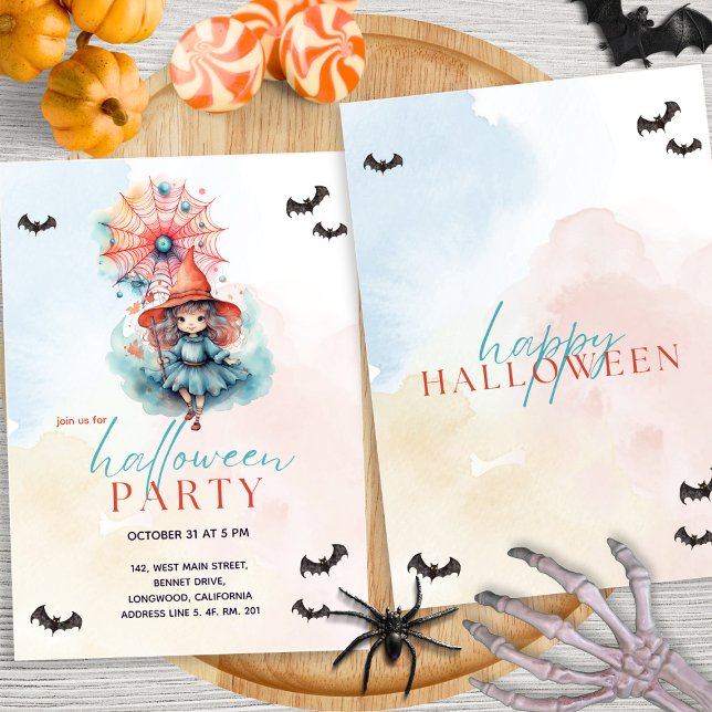 Modern Pastel Colorful Rosa Witch Halloween fest Inbjudningar (Skapare uppladdad)