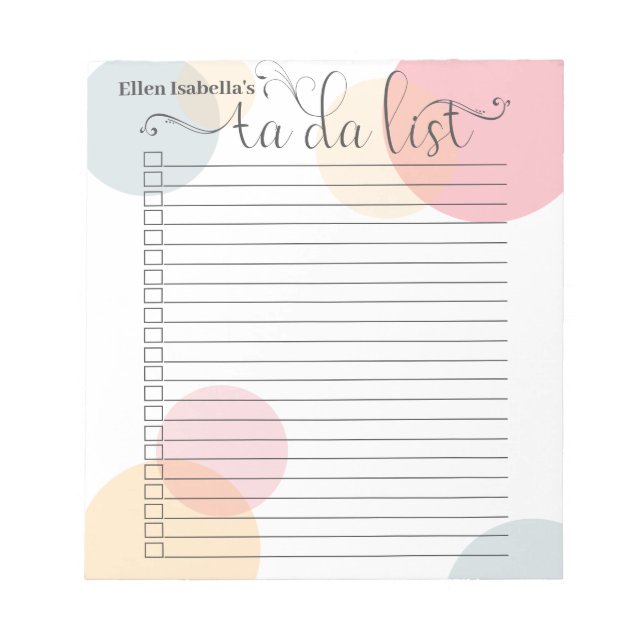 Modern Pastel Dots och Calligraphy Ta Da List Anteckningsblock (Framsida)