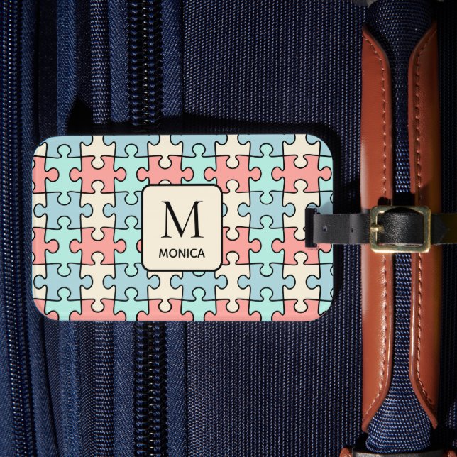 Modern Pastel Färg Puzzle Delara Monogram Bagagebricka (Framsida Insitu 4)