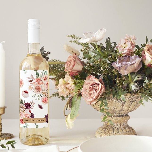 Modern Pastel Flowers & Kraft Personlig Gift Vinflaska Etikett (Skapare uppladdad)