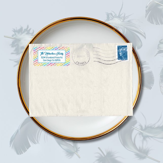 Modern Pastel Gingham Rainbow Baby Shower Party Adressetikett (Skapare uppladdad)