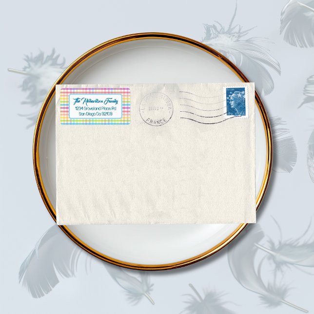 Modern Pastel Gingham Rainbow Baby Shower Party Adressetikett (Skapare uppladdad)