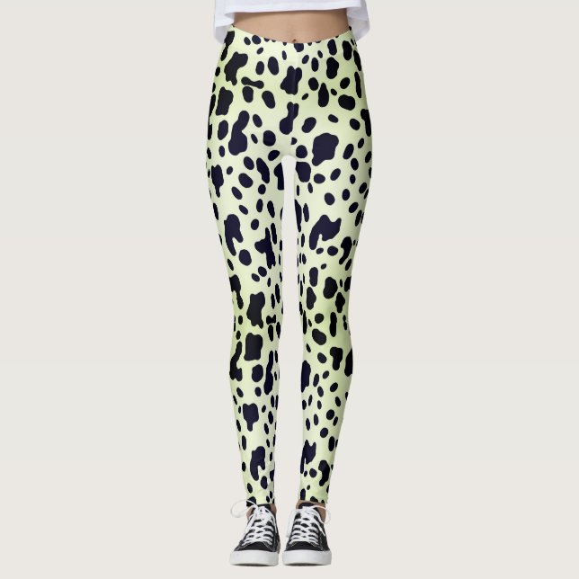 Modern Pastel Grönt Black Cow Skin Spots Mönster Leggings (Framsida)
