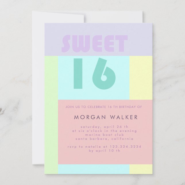 Modern Pastel | Inbjudan till Sweet sixteen på föd (Framsida)