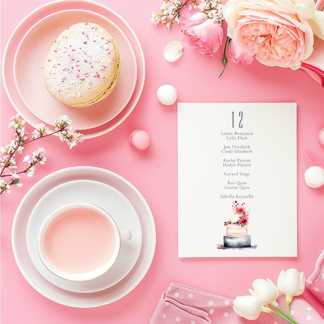 Modern Pastel macarons Bordsnummer Sittdiagram (Wedding table number card with watercolor floral cake and elegant guest list.)
