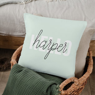 Modern Pastel Mint Hej och du Namn Kudde