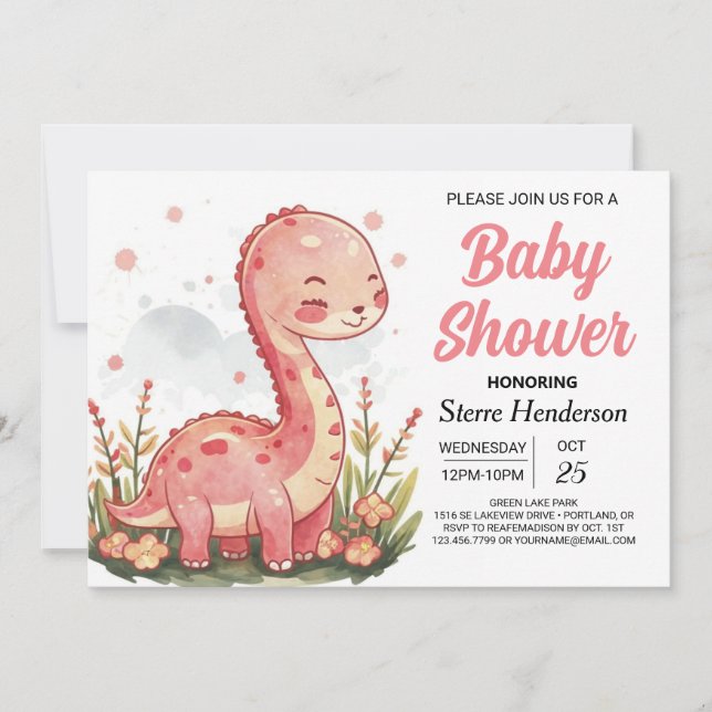 Modern Pastel Printable Dinosaur Girl Baby Shower Inbjudningar (Framsida)