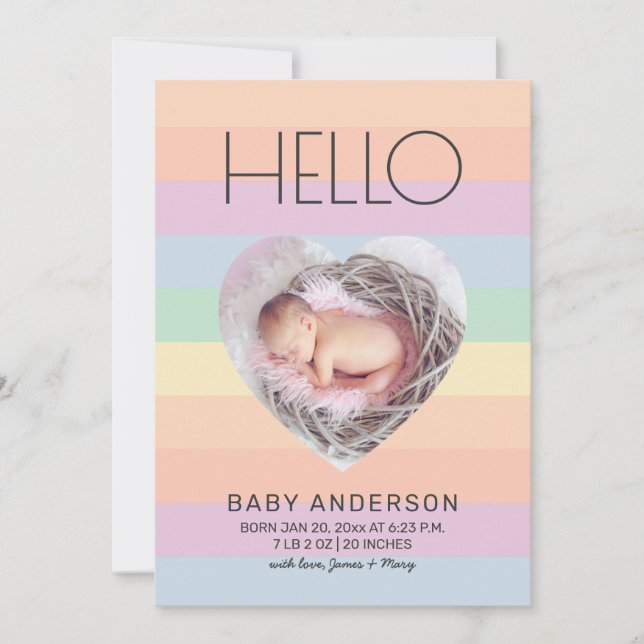Modern Pastel Rainbow Hej Baby Photo Birth Meddelande (Framsida)