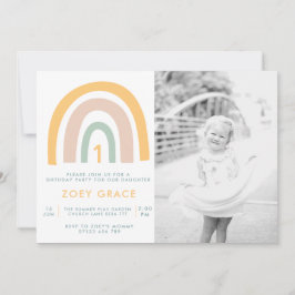 Modern Pastel Rainbow Photo Girl's First Birthday Inbjudningar