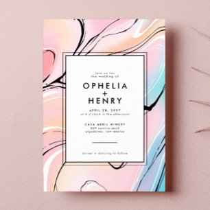 Modern Pastel Rosa Aqua Marble Bröllop Inbjudningar