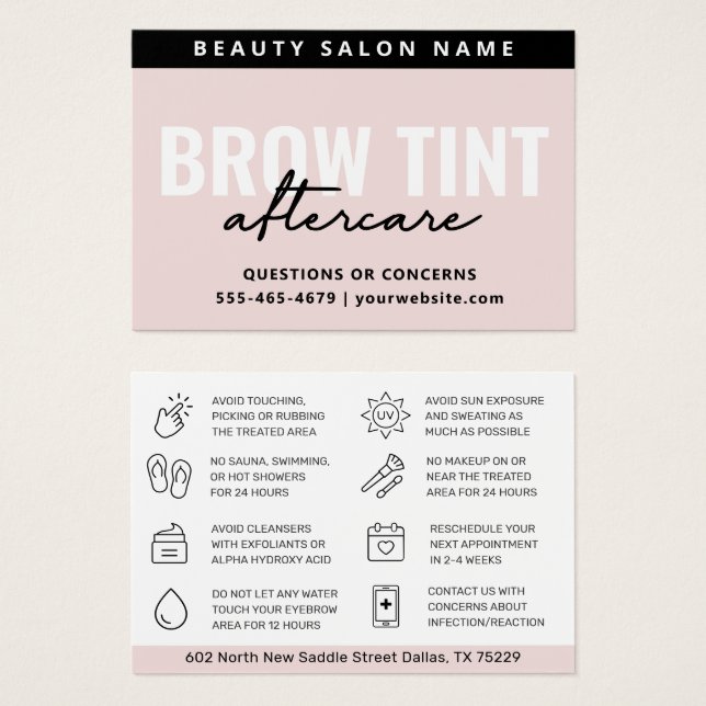 Modern Pastel Rosa Eyebrow Tint Aftercare Card Visitkort (Framsida & baksida)
