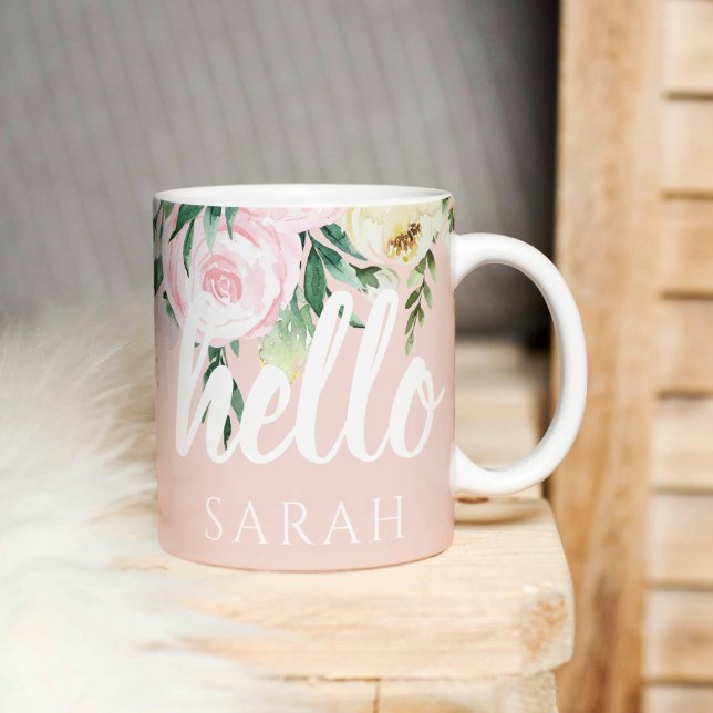 Modern Pastel Rosa Flowers Hej och du Namn Kaffemugg (Skapare uppladdad)