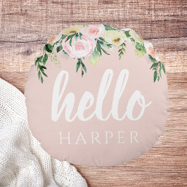 Modern Pastel Rosa Flowers Hej och du Namn Rund Kudde