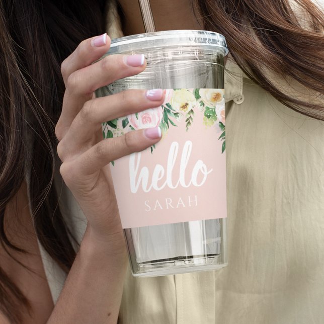 Modern Pastel Rosa Flowers Hej och du Namn Take Away Mugg (Skapare uppladdad)