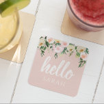 Modern Pastel Rosa Flowers Hej och du Namn Underlägg Papper Kvadrat<br><div class="desc">Modern Pastel Rosa Flowers Hej och du Namn</div>