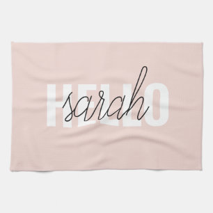 Modern Pastel Rosa Hej och du Namn Kökshandduk